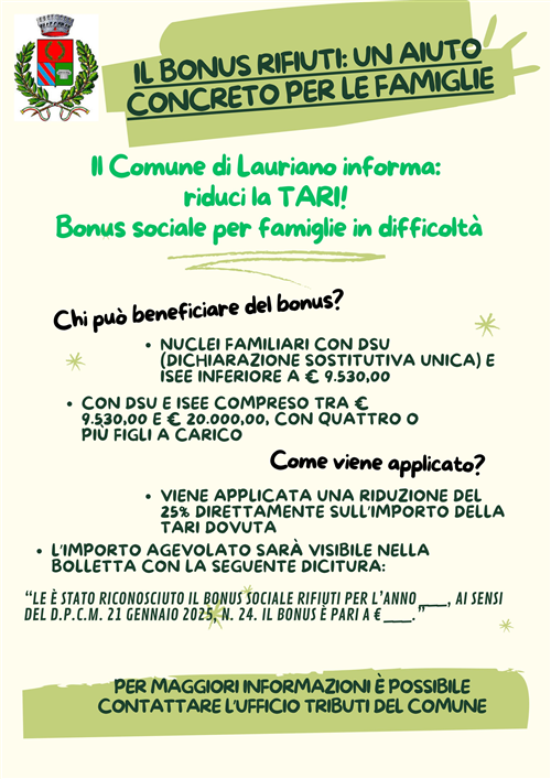 Bonus Sociale Rifiuti – Riduzione della TARI per le famiglie in difficoltà