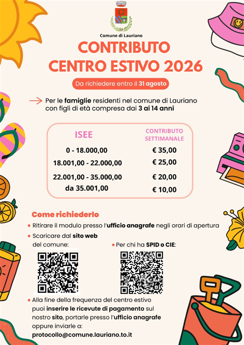 Contributi Comunali ai nuclei familiari con bambini/e e ragazzi/e iscritti ai centri estivi anno 2026